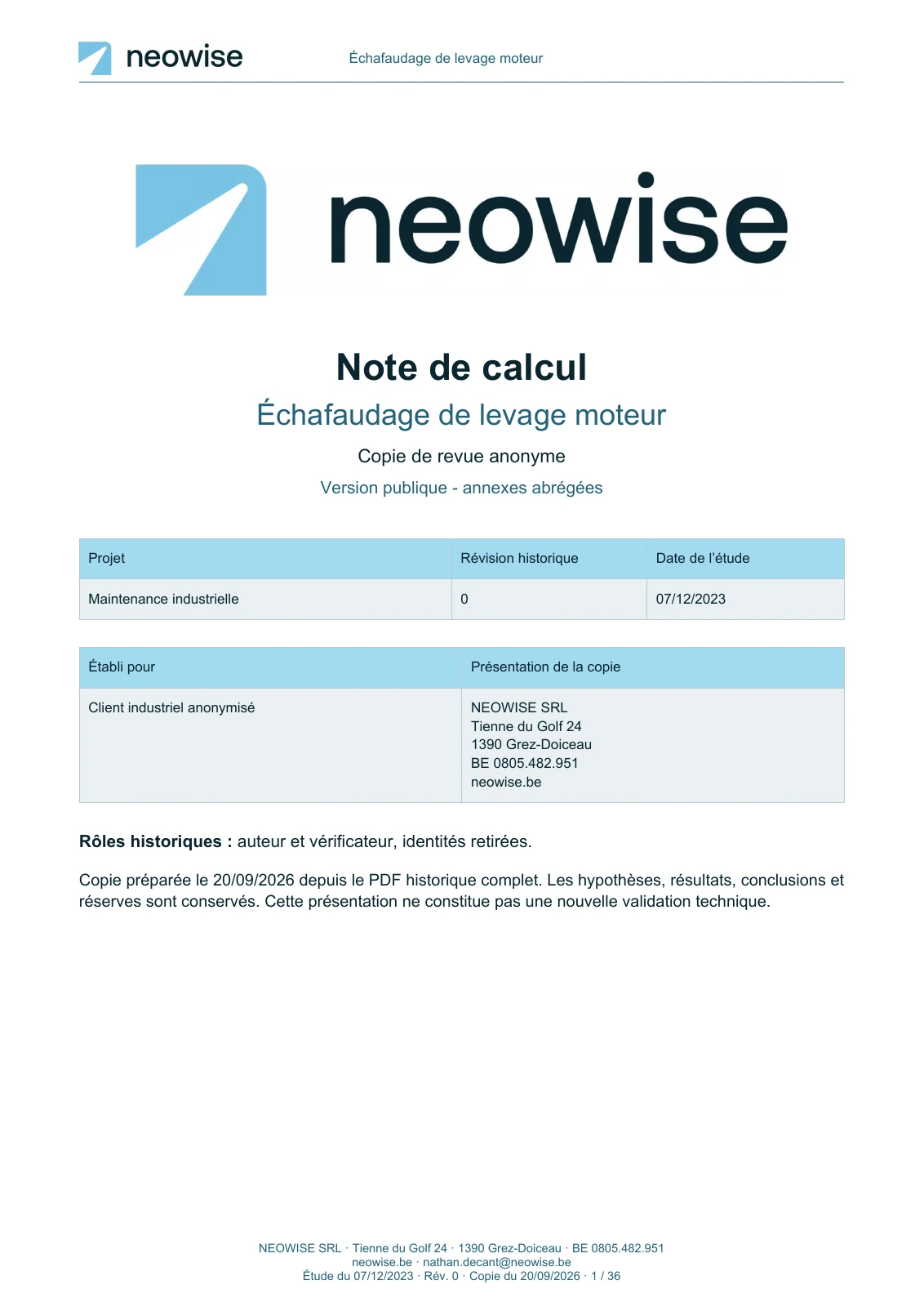 Couverture : Note de calcul — échafaudage de levage