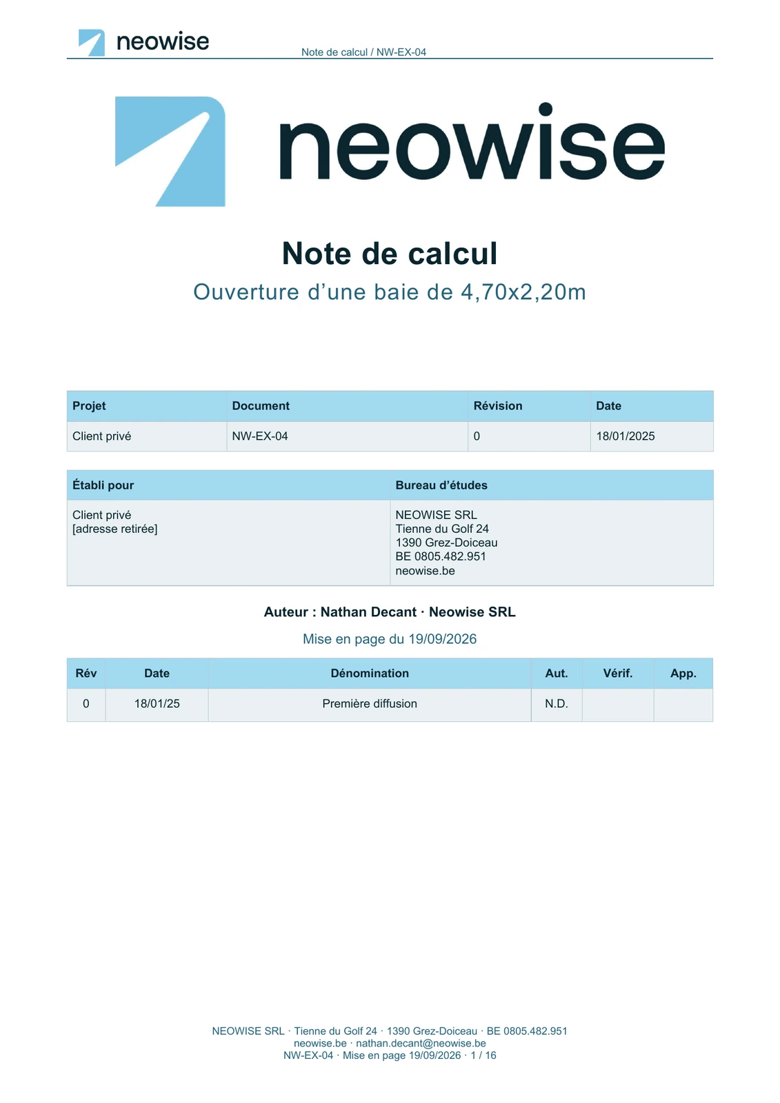Couverture : Note de calcul — ouverture de mur