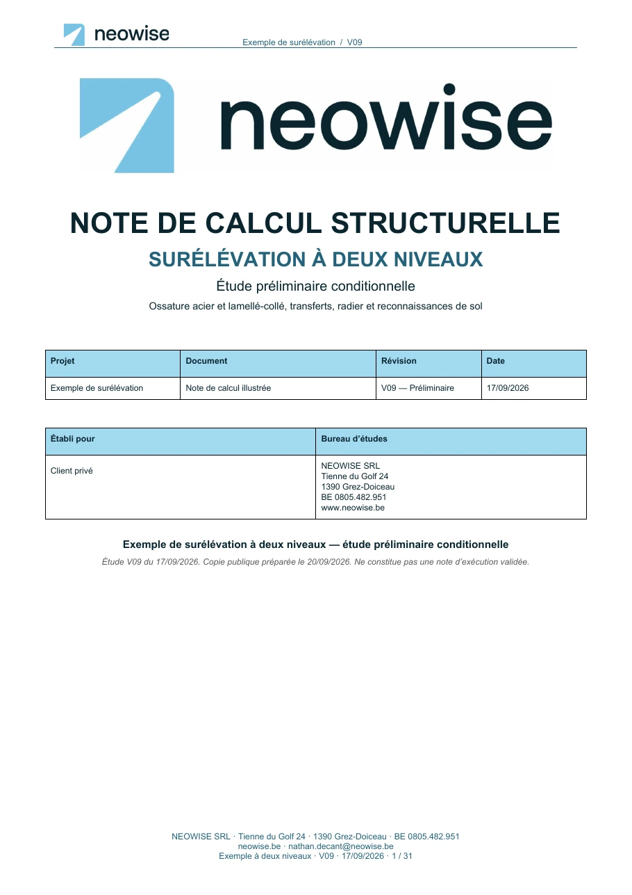 Couverture Neowise : Note de calcul — surélévation à deux niveaux