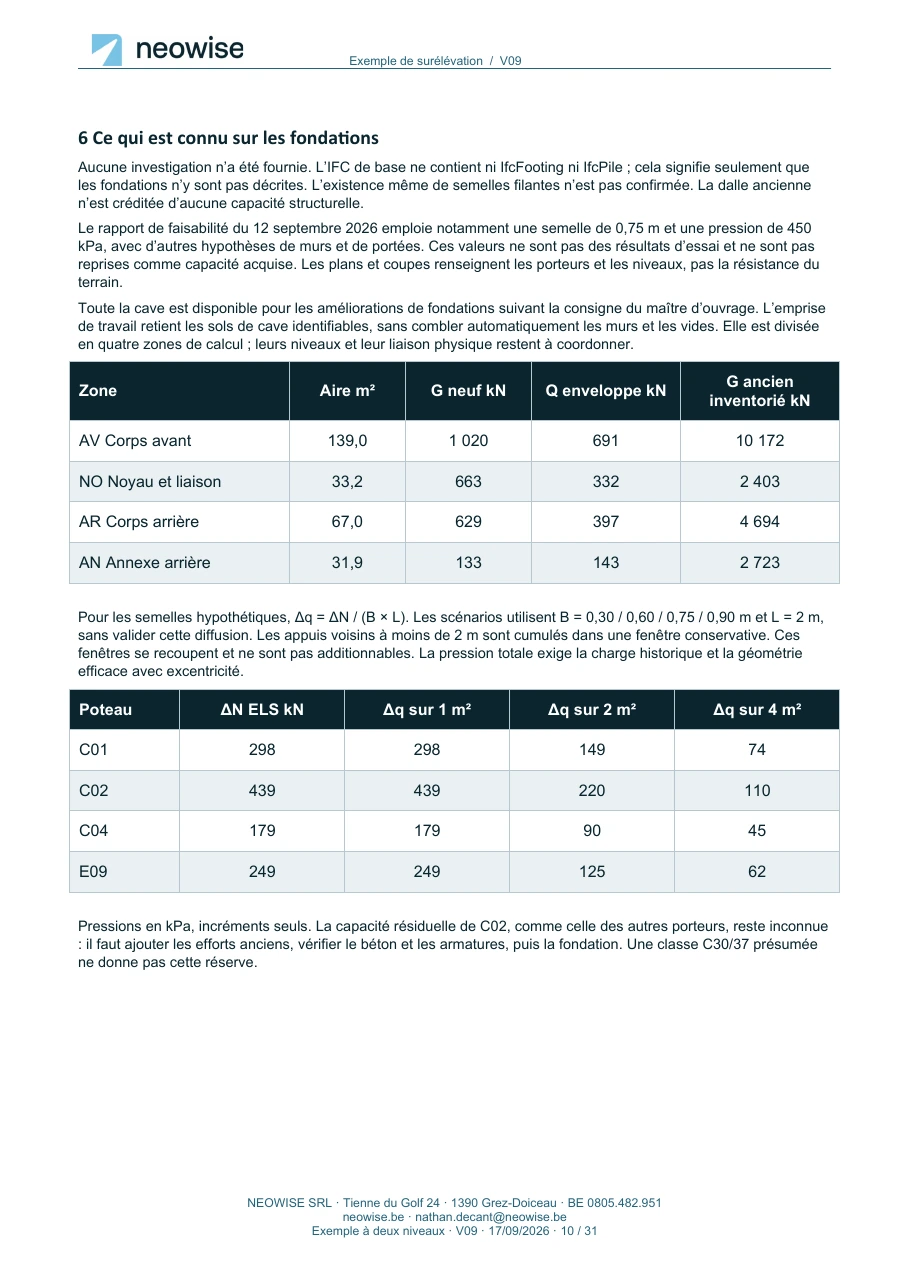 Note de calcul — surélévation à deux niveaux, page 10. Le texte est disponible dans le PDF.
