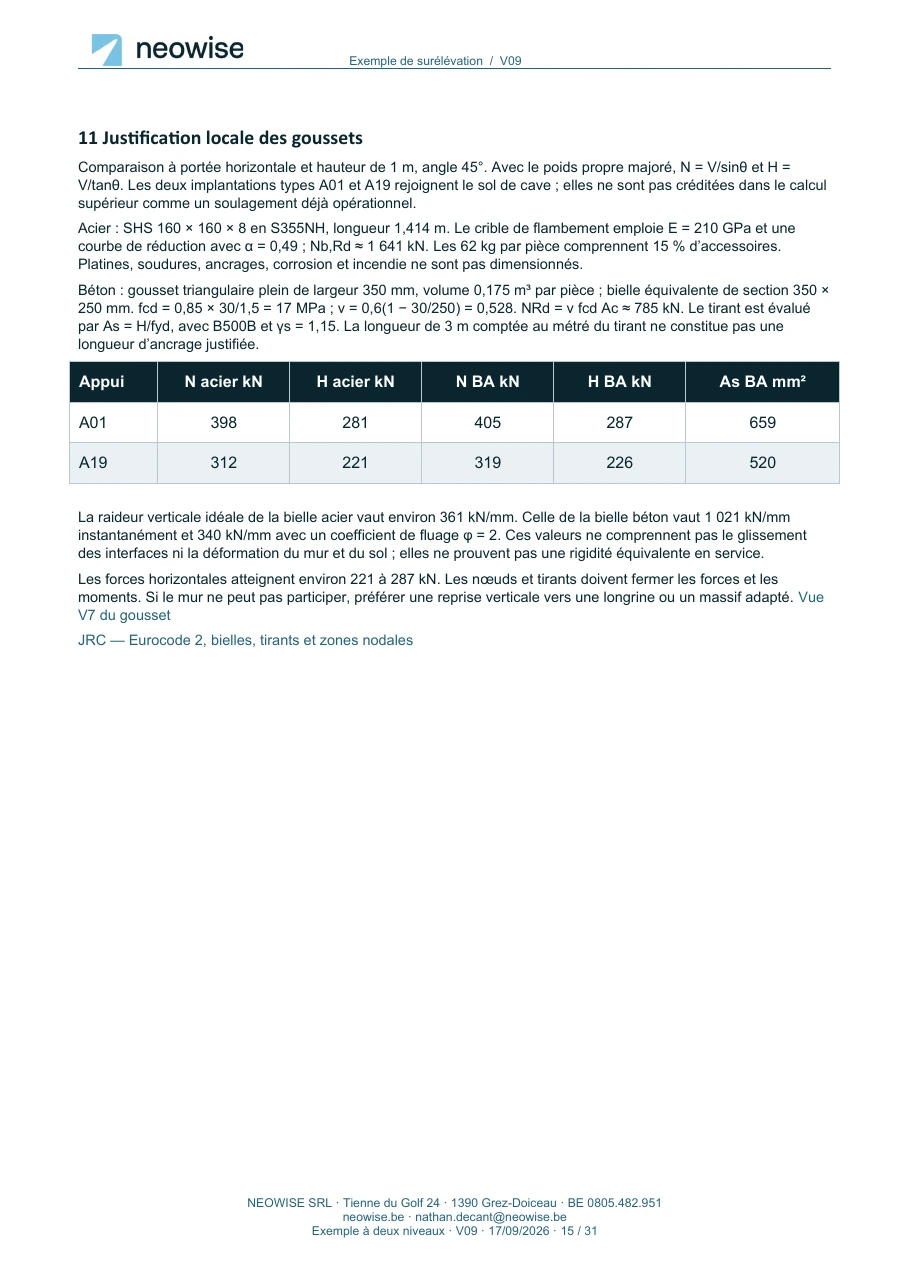 Note de calcul — surélévation à deux niveaux, page 15. Le texte est disponible dans le PDF.