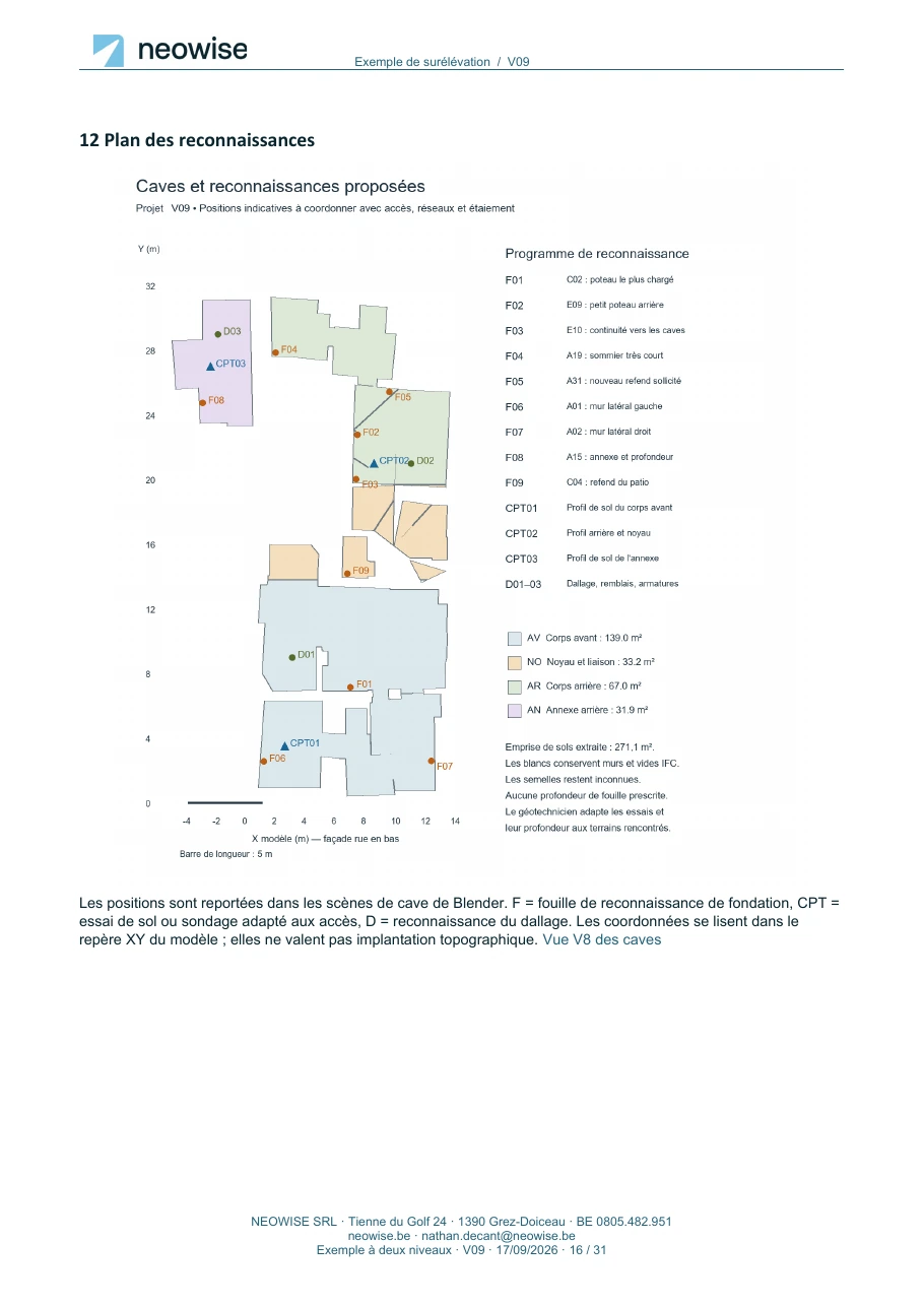 Note de calcul — surélévation à deux niveaux, page 16. Le texte est disponible dans le PDF.