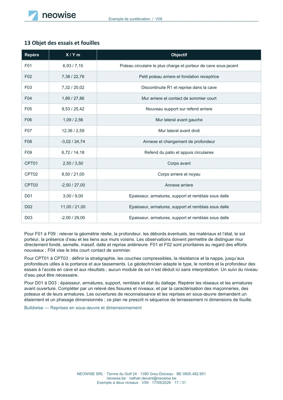 Note de calcul — surélévation à deux niveaux, page 17. Le texte est disponible dans le PDF.