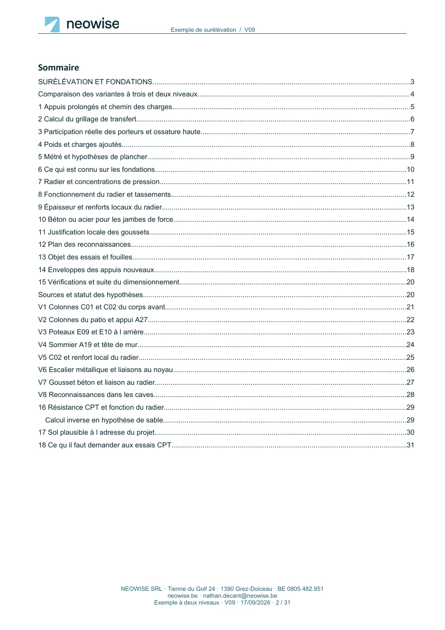 Note de calcul — surélévation à deux niveaux, page 2. Le texte est disponible dans le PDF.