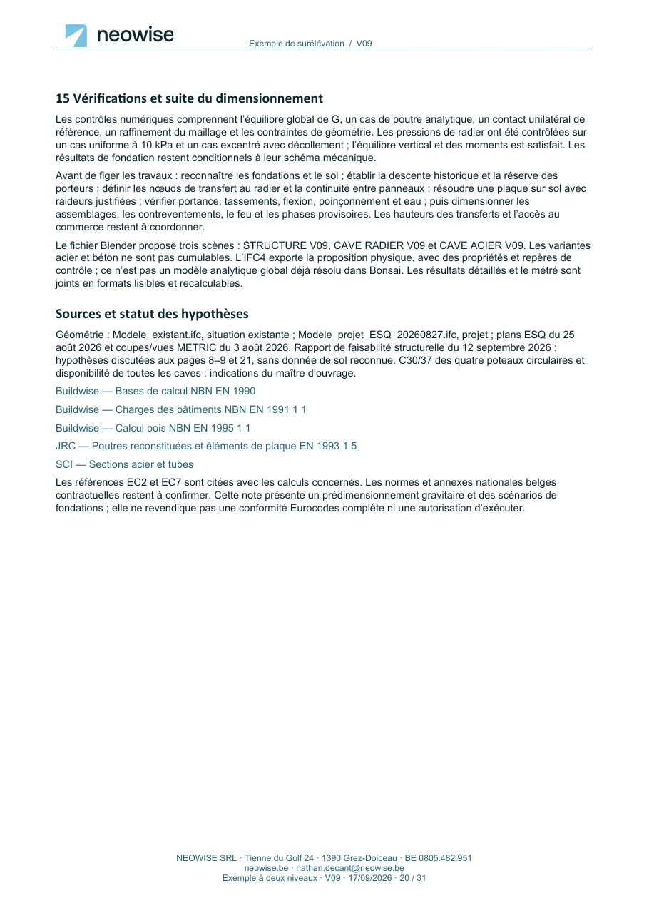 Note de calcul — surélévation à deux niveaux, page 20. Le texte est disponible dans le PDF.