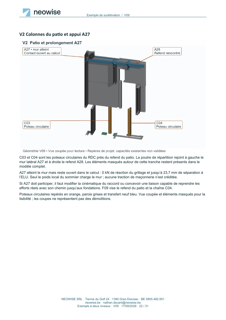Note de calcul — surélévation à deux niveaux, page 22. Le texte est disponible dans le PDF.