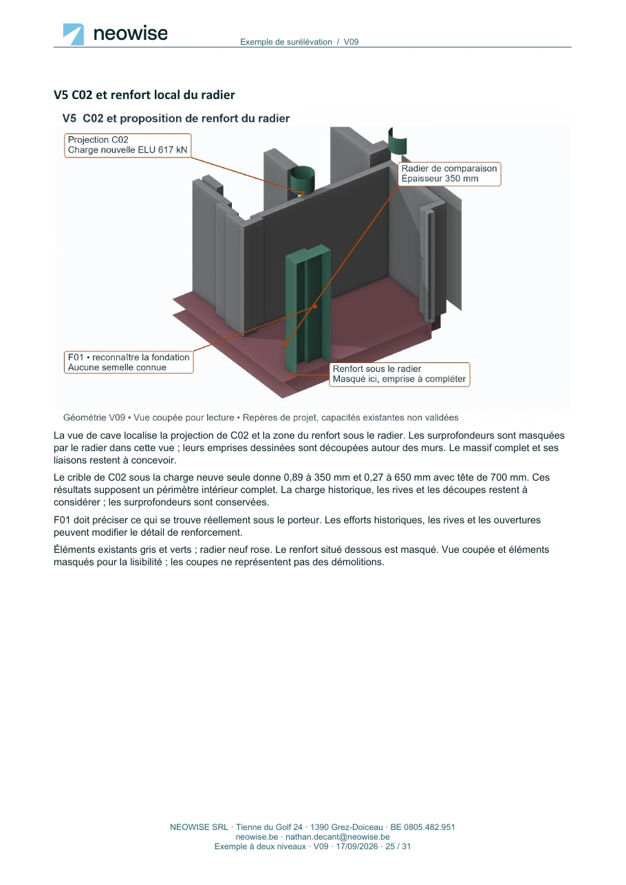 Note de calcul — surélévation à deux niveaux, page 25. Le texte est disponible dans le PDF.