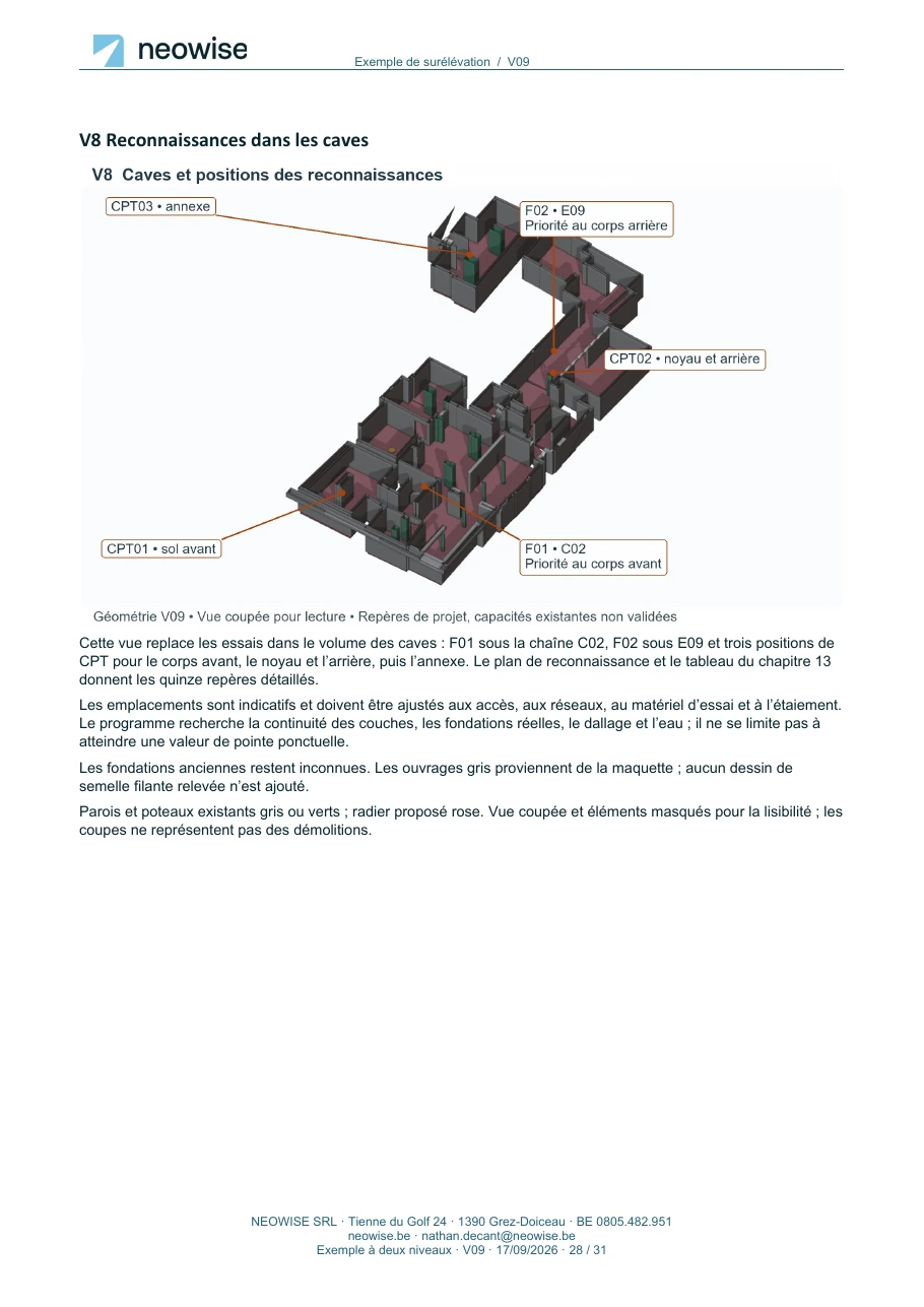 Note de calcul — surélévation à deux niveaux, page 28. Le texte est disponible dans le PDF.