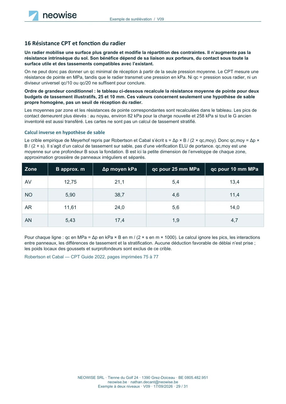 Note de calcul — surélévation à deux niveaux, page 29. Le texte est disponible dans le PDF.
