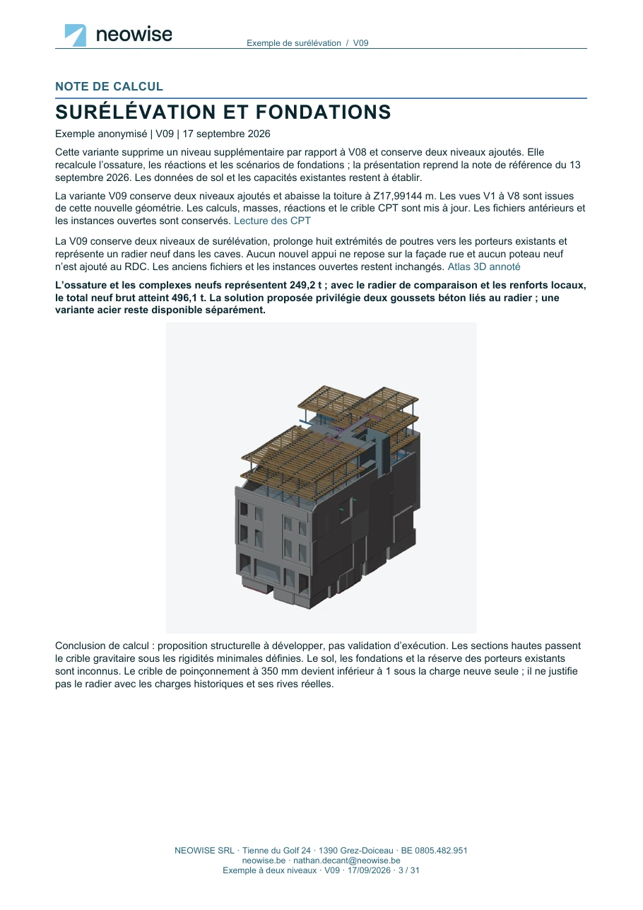Note de calcul — surélévation à deux niveaux, page 3. Le texte est disponible dans le PDF.