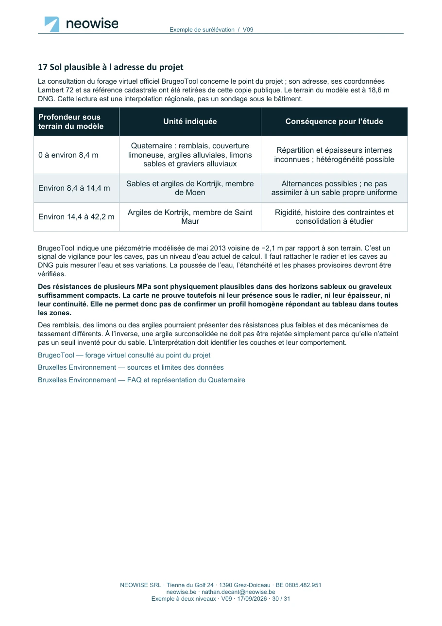 Note de calcul — surélévation à deux niveaux, page 30. Le texte est disponible dans le PDF.