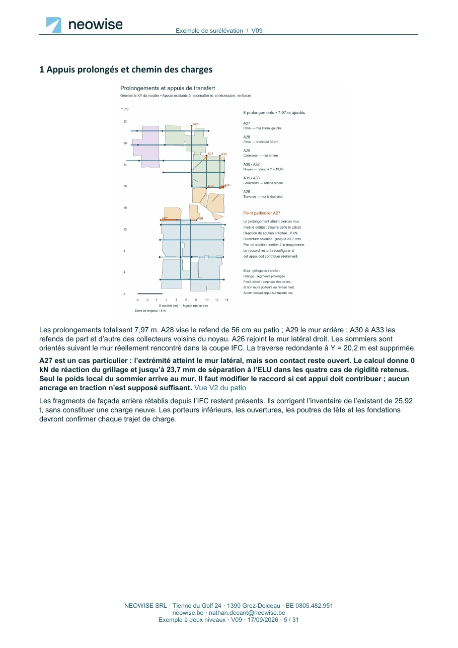 Note de calcul — surélévation à deux niveaux, page 5. Le texte est disponible dans le PDF.