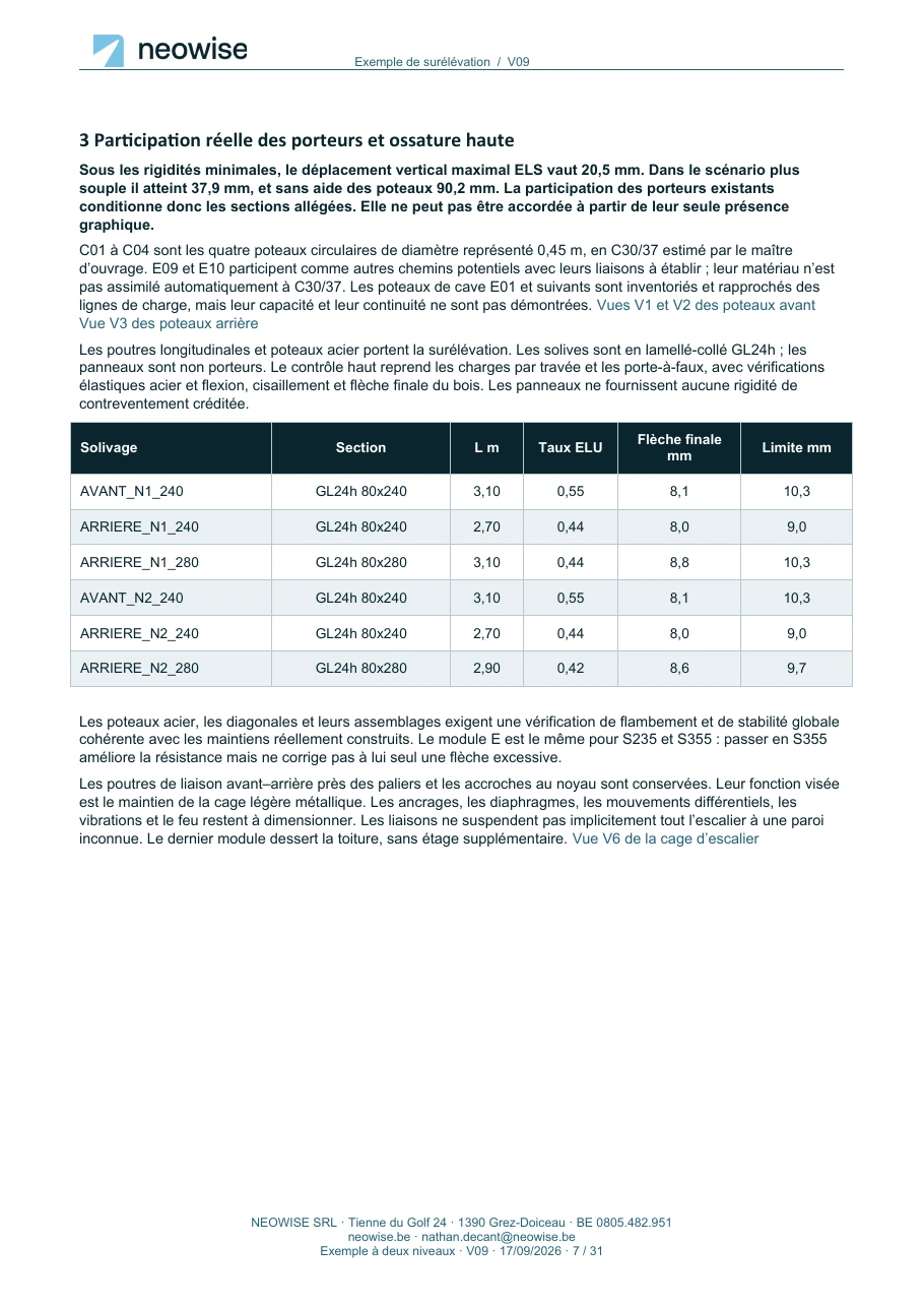 Note de calcul — surélévation à deux niveaux, page 7. Le texte est disponible dans le PDF.