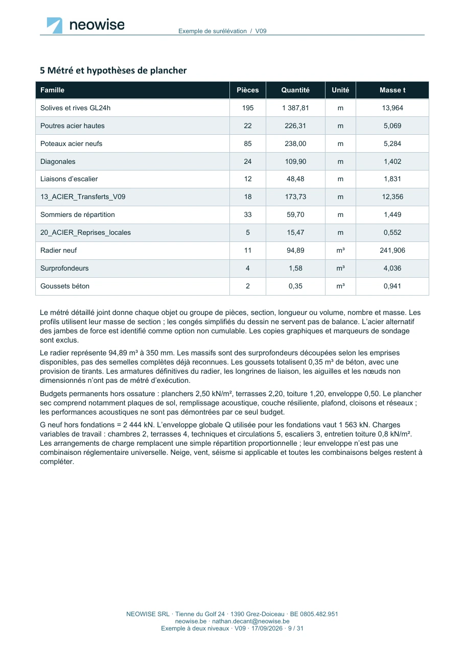 Note de calcul — surélévation à deux niveaux, page 9. Le texte est disponible dans le PDF.