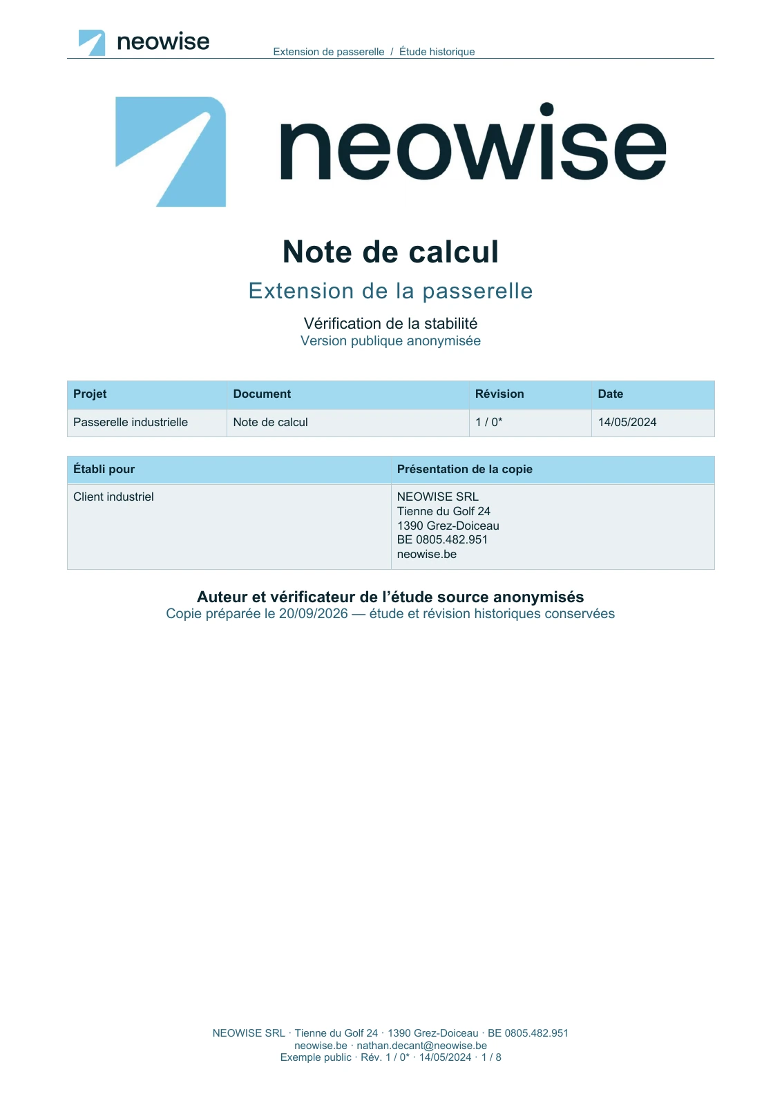 Couverture : Note de calcul — extension de passerelle
