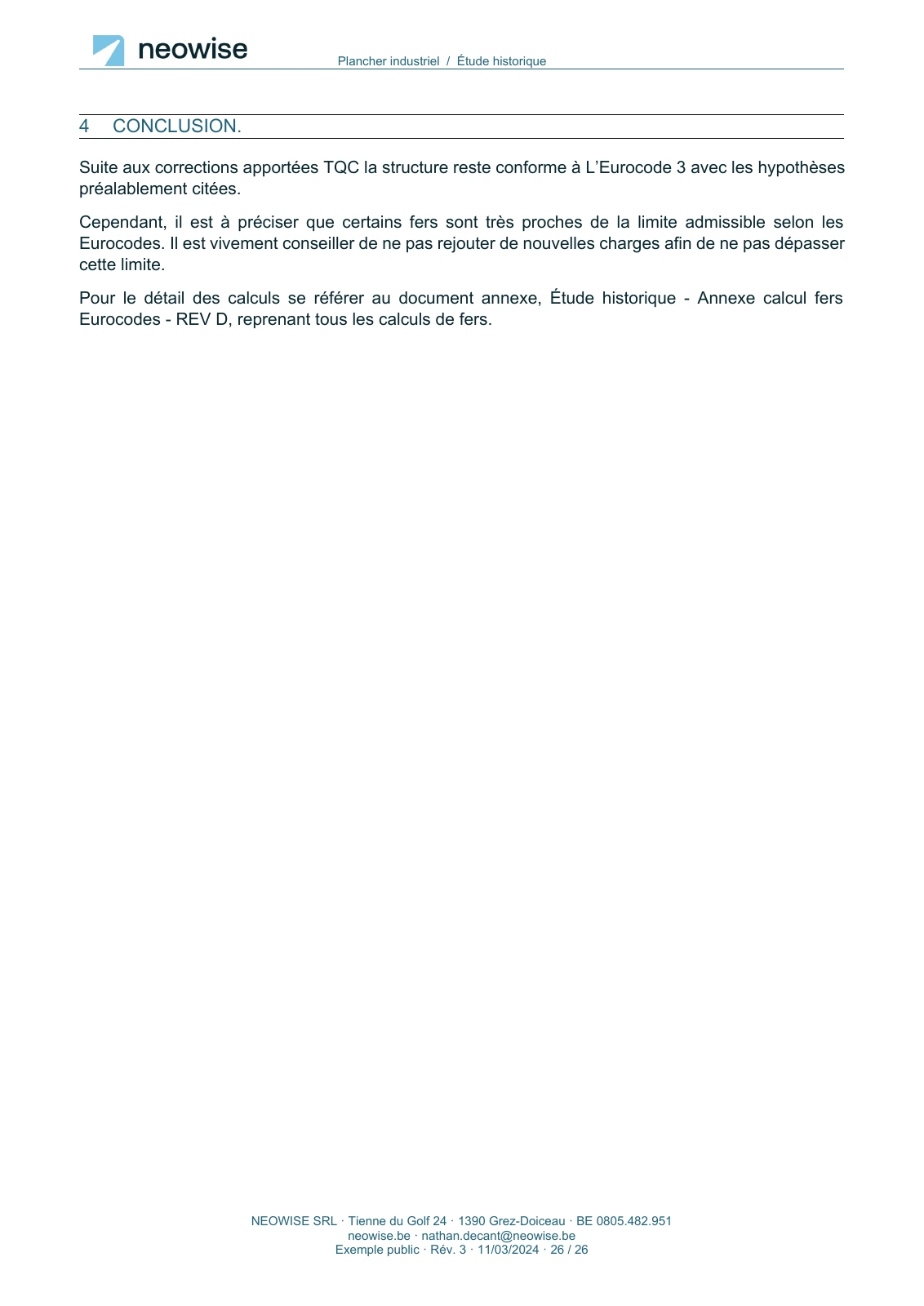 Note de calcul — renforcement de plancher, page 26. Le texte est disponible dans le PDF.