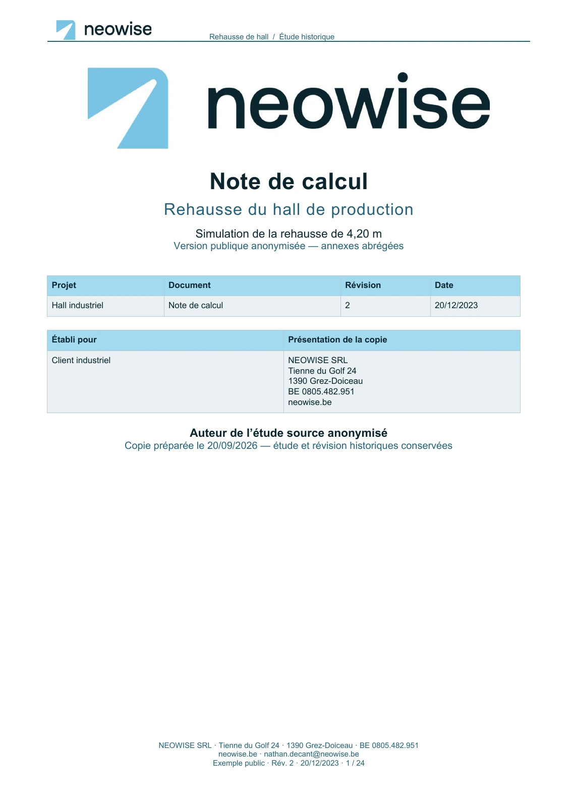 Couverture : Note de calcul — rehausse de hall