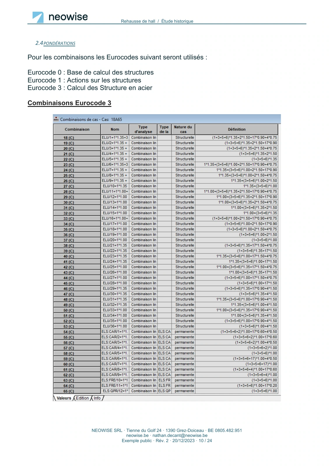 Note de calcul — rehausse de hall, page 10. Le texte est disponible dans le PDF.