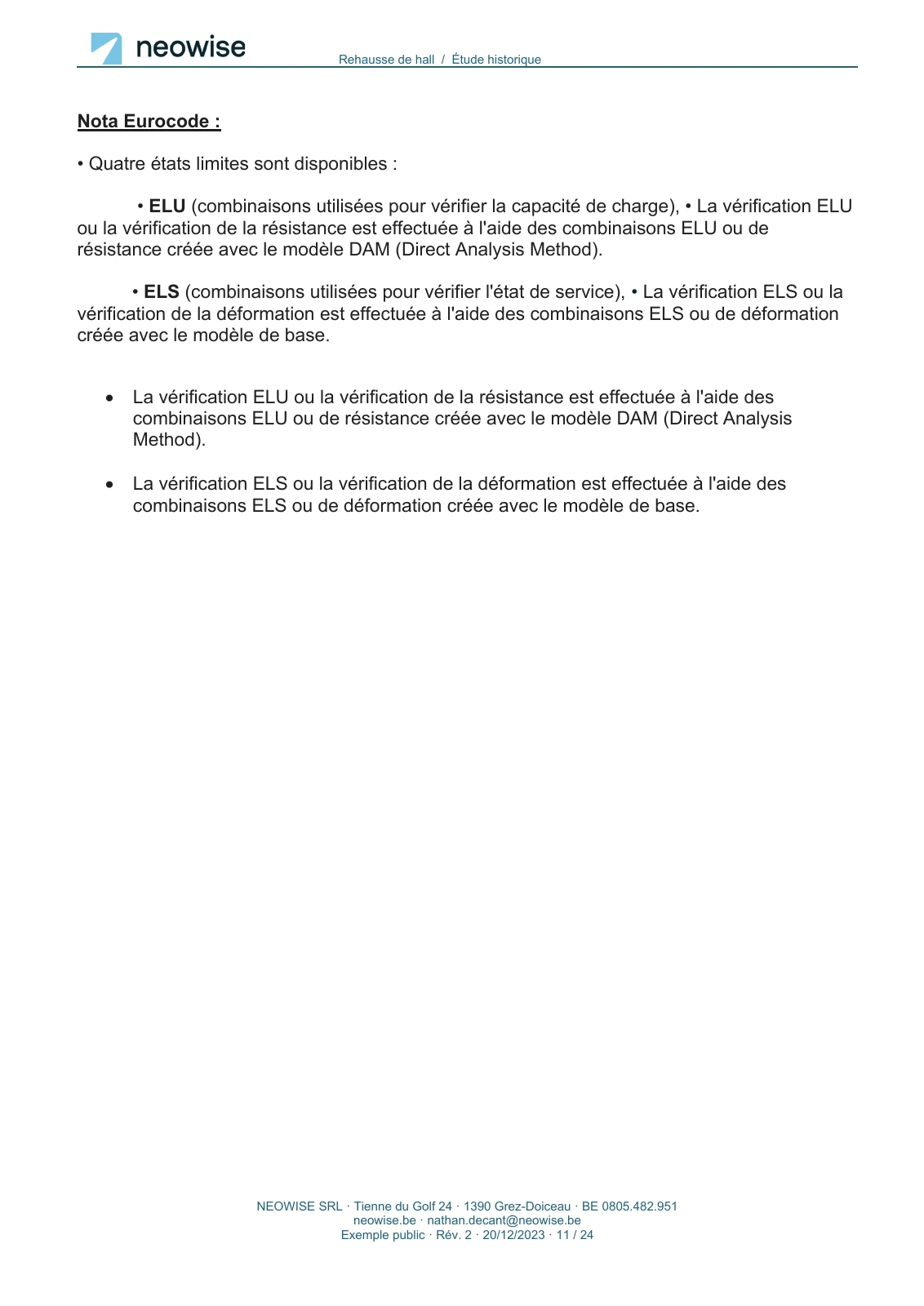 Note de calcul — rehausse de hall, page 11. Le texte est disponible dans le PDF.