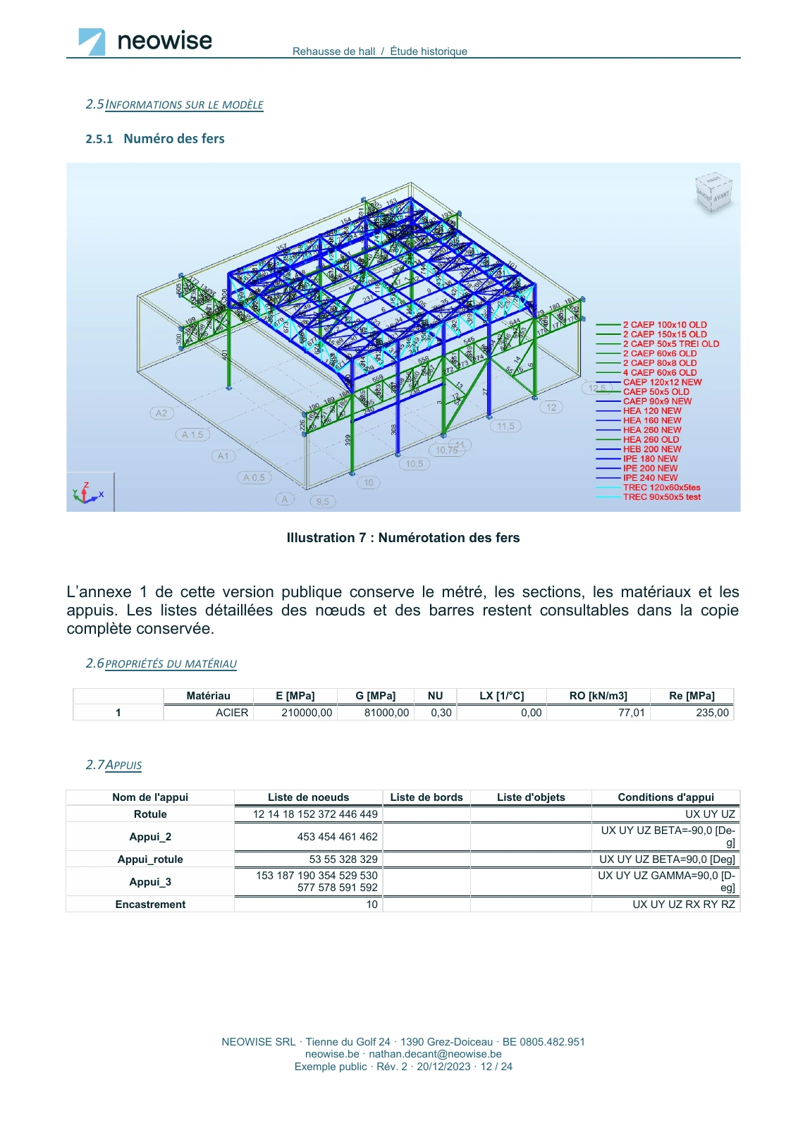 Note de calcul — rehausse de hall, page 12. Le texte est disponible dans le PDF.
