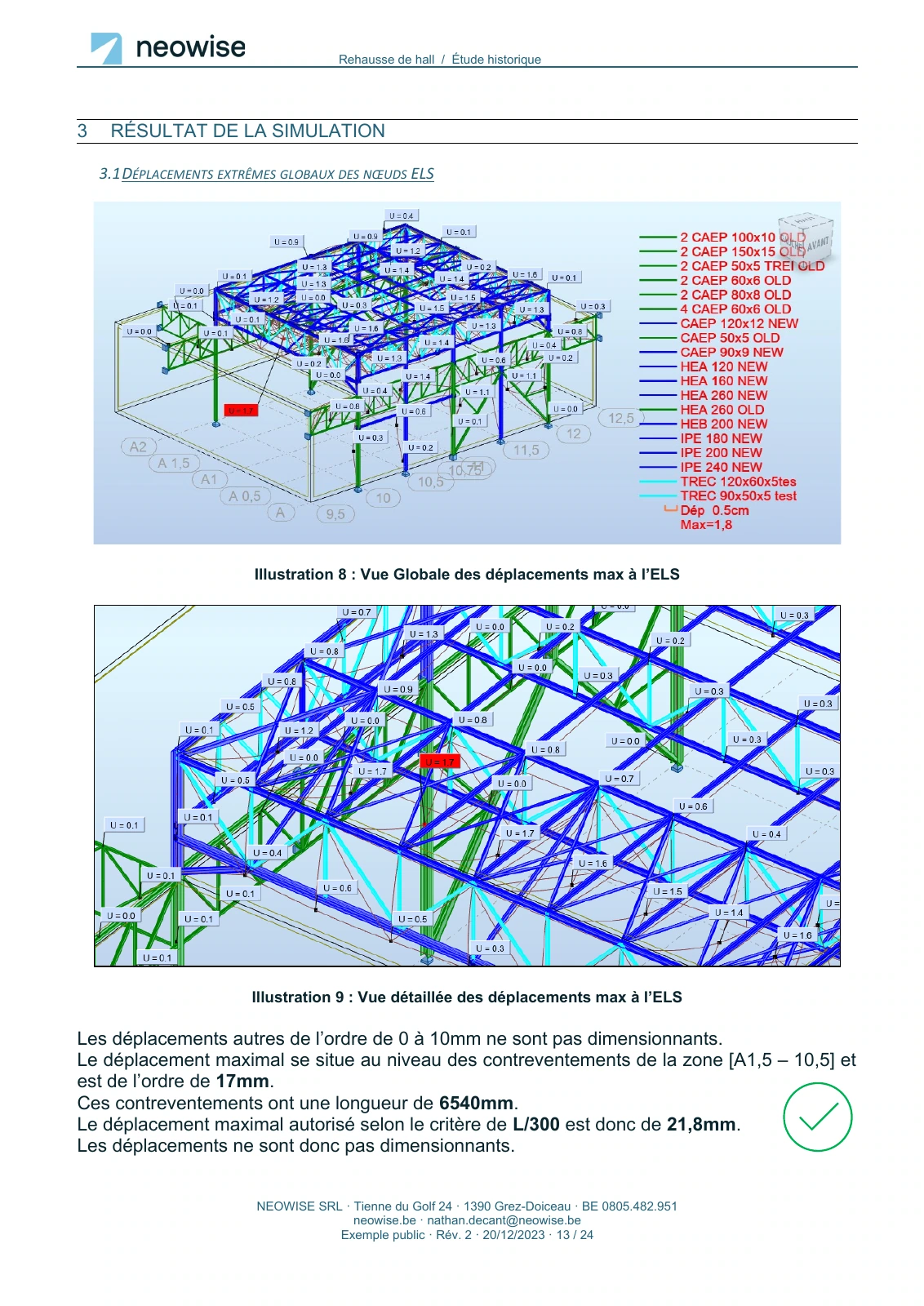 Note de calcul — rehausse de hall, page 13. Le texte est disponible dans le PDF.