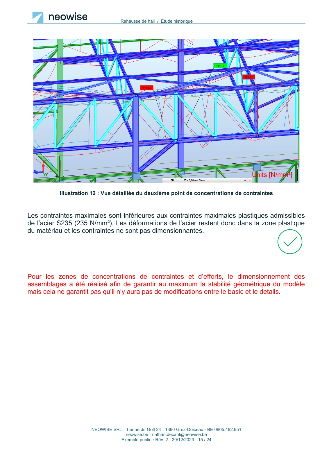 Note de calcul — rehausse de hall, page 15. Le texte est disponible dans le PDF.