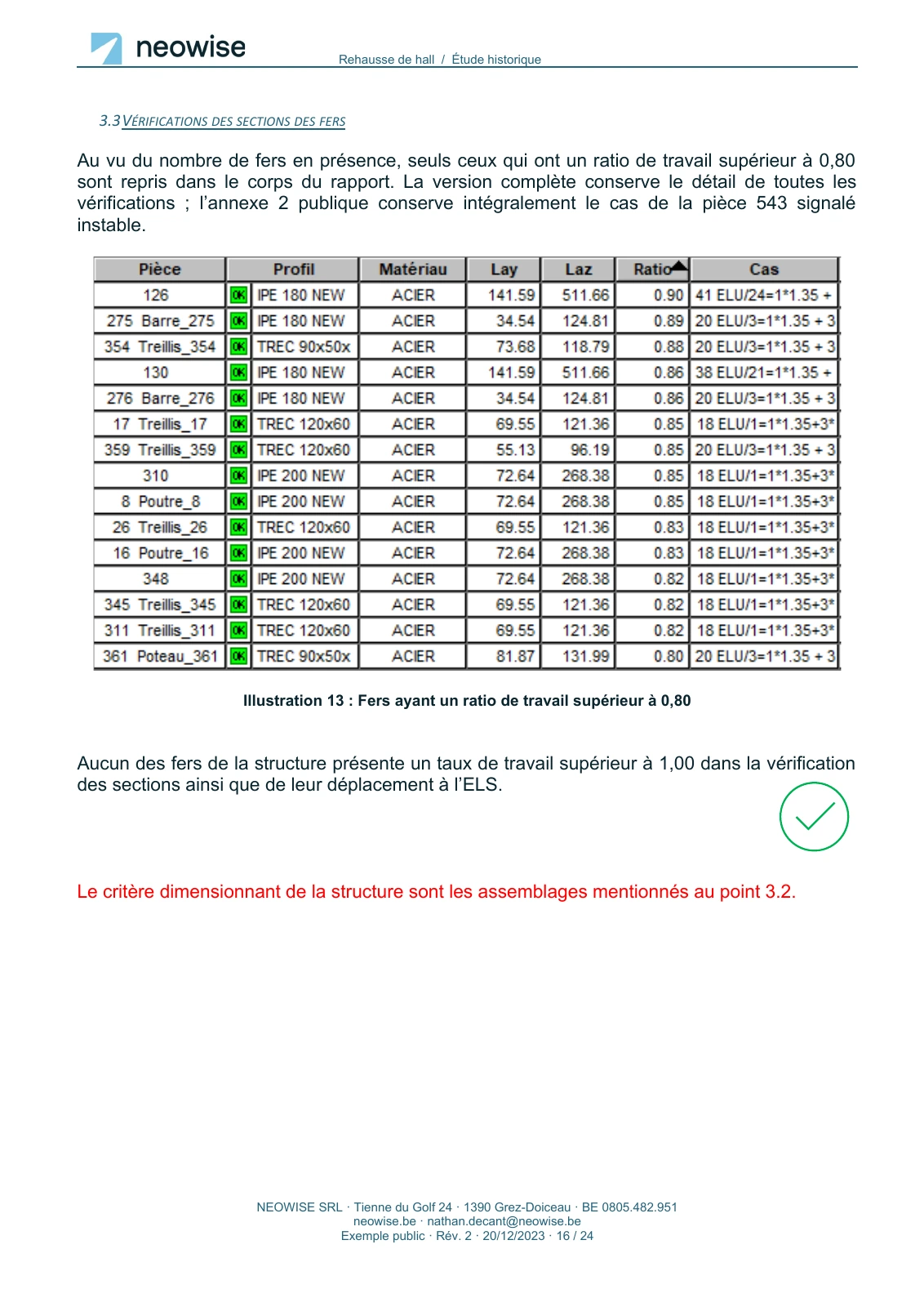 Note de calcul — rehausse de hall, page 16. Le texte est disponible dans le PDF.