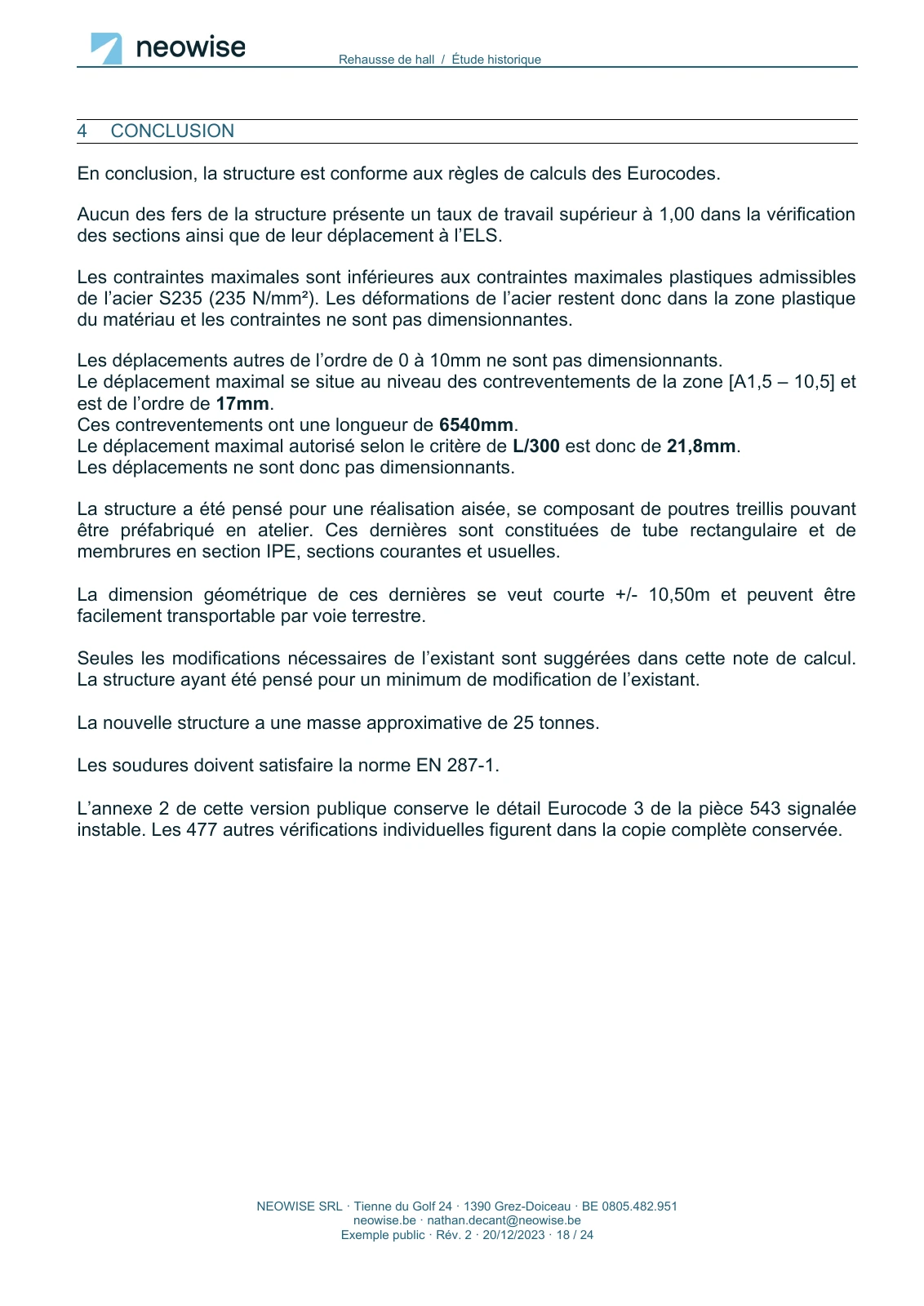 Note de calcul — rehausse de hall, page 18. Le texte est disponible dans le PDF.