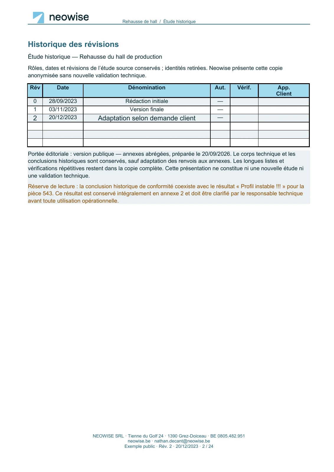 Note de calcul — rehausse de hall, page 2. Le texte est disponible dans le PDF.