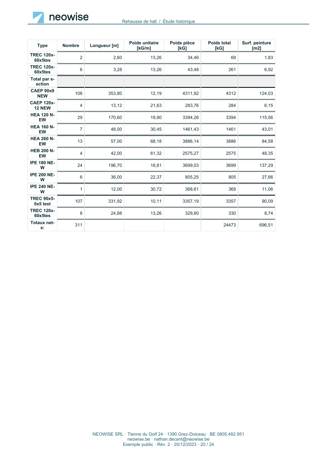 Note de calcul — rehausse de hall, page 20. Le texte est disponible dans le PDF.