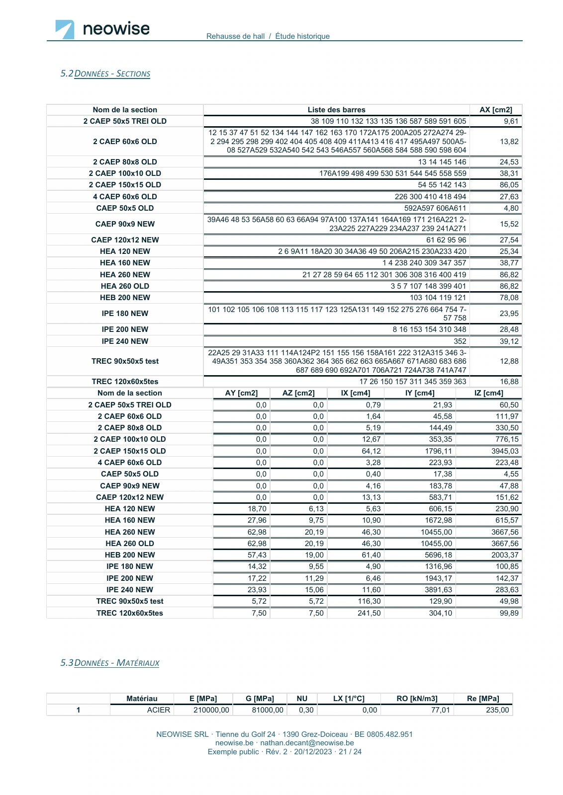 Note de calcul — rehausse de hall, page 21. Le texte est disponible dans le PDF.