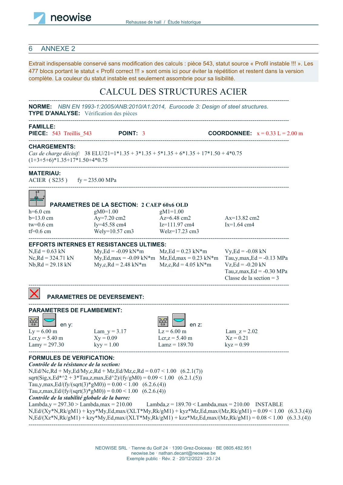 Note de calcul — rehausse de hall, page 23. Le texte est disponible dans le PDF.