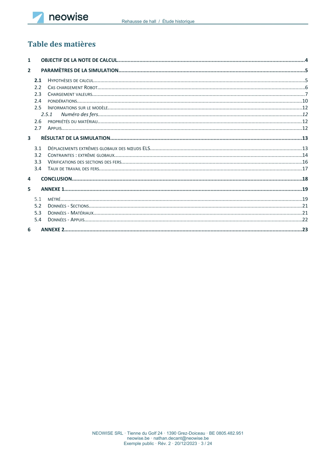 Note de calcul — rehausse de hall, page 3. Le texte est disponible dans le PDF.