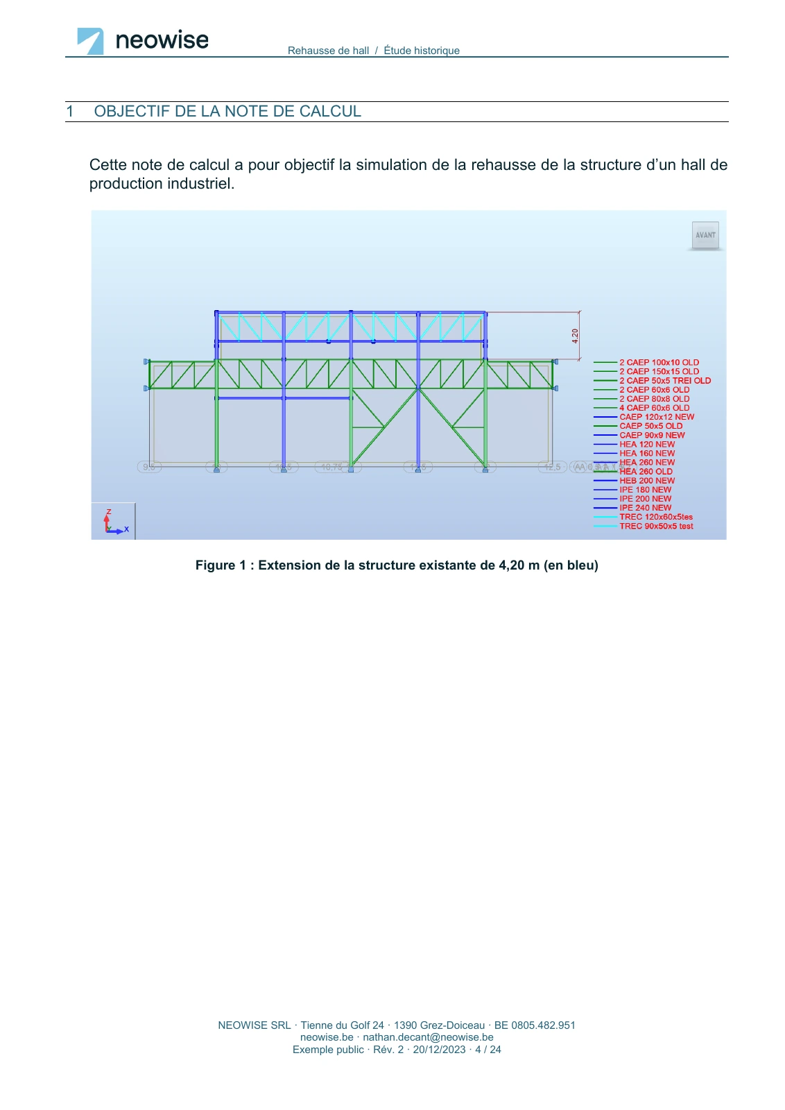 Note de calcul — rehausse de hall, page 4. Le texte est disponible dans le PDF.