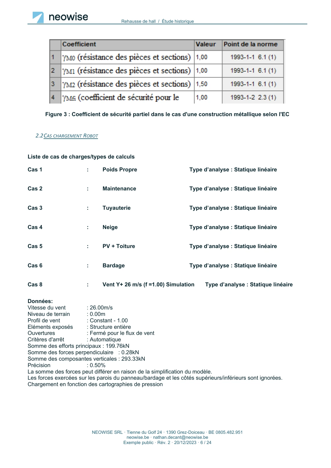 Note de calcul — rehausse de hall, page 6. Le texte est disponible dans le PDF.