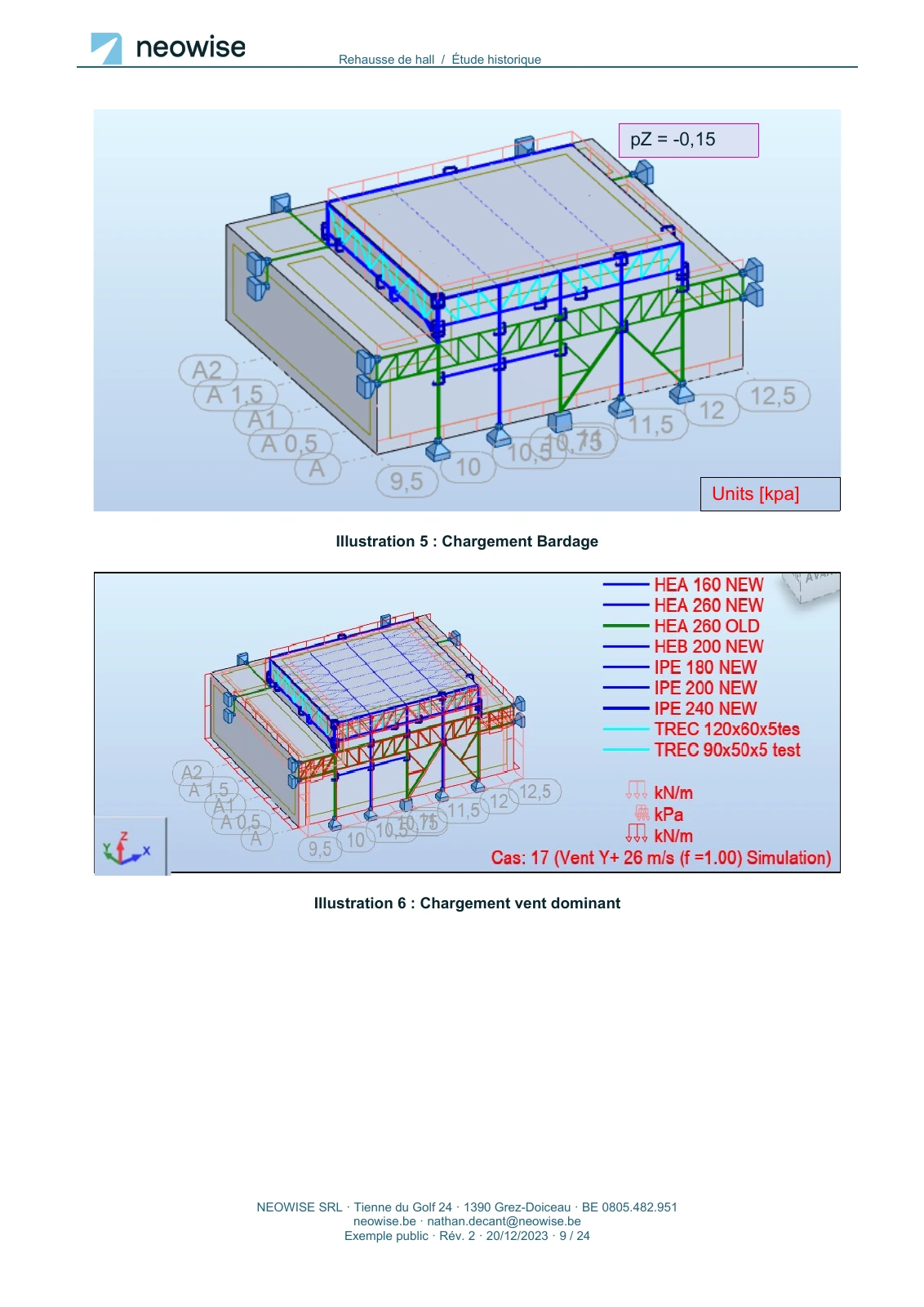 Note de calcul — rehausse de hall, page 9. Le texte est disponible dans le PDF.