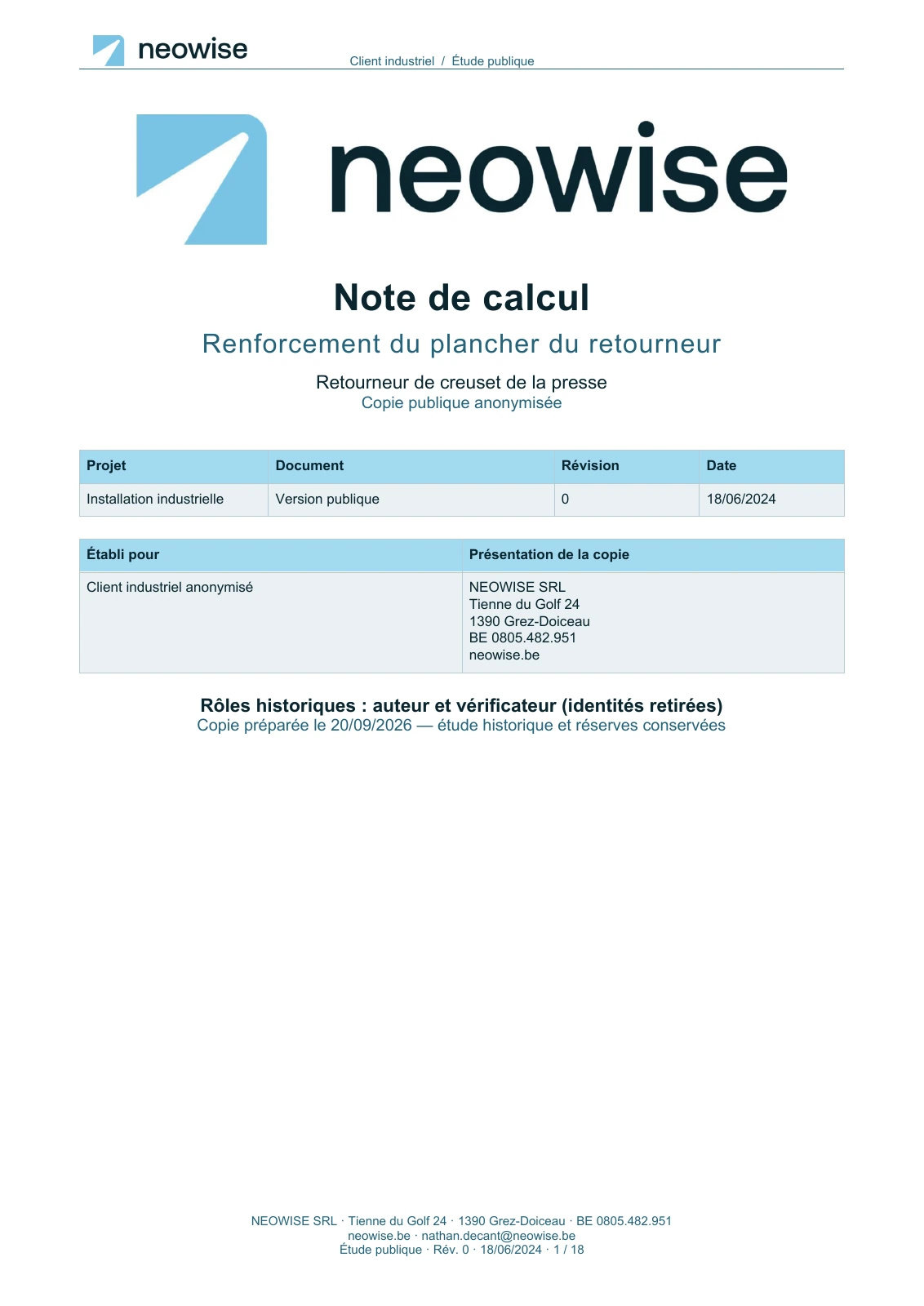Couverture : Note de calcul — plancher pour équipement